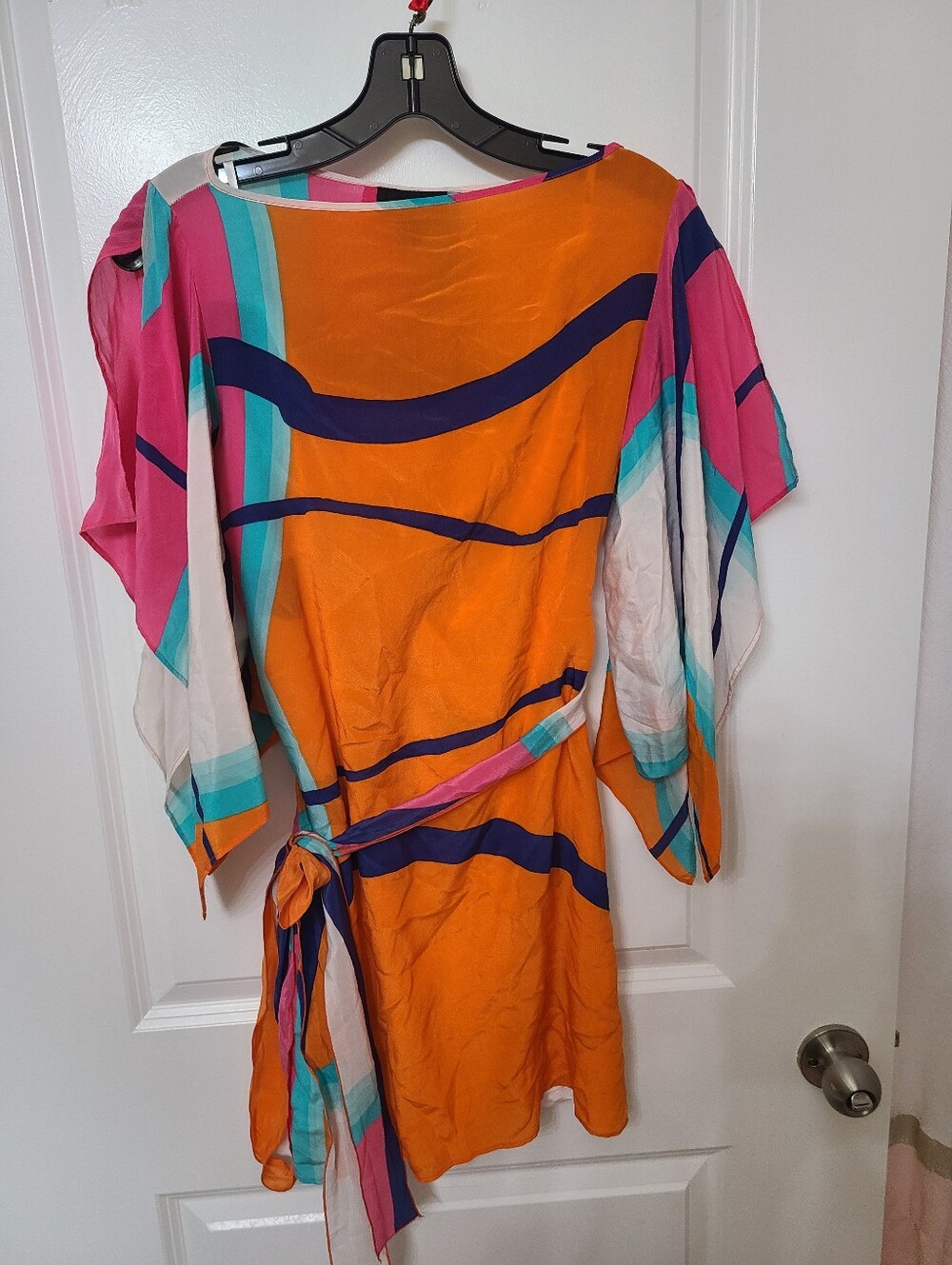 Analili Silk Orange Striped Tie-Waist Mini Dress
